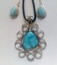 Larimar ,Sterling Silver Pendant with cord, (#P54 pendant) (#E52 earrings)