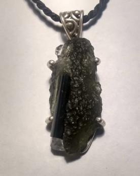Pendant,Moldavite, Blue Tourmaline ,Sterling Silver with cord